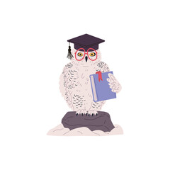 Owl in glasses and graduation cap holding book and sitting on stone flat style
