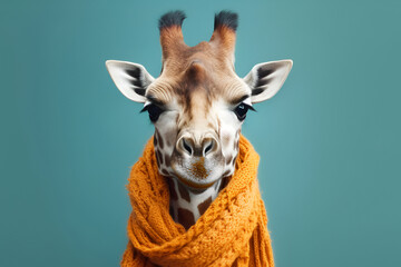 Funny giraffe in an orange knitted scarf on a blue background. Cooling down, autumn concept. Hello, Autumn. Generative AI