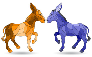 Set of illustrations in the style of stained glass with cute donkeys, animals isolated on a white background, tone blue and brown