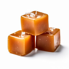 Delicious salted caramels isolated on white background, generative AI

