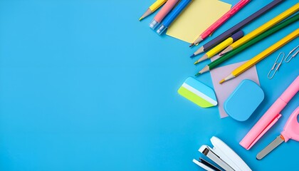 Fototapeta premium Pens, pencils, copy space, Many stationary supplies on blue background with , Office accessories flat lay, First day ,AI generated