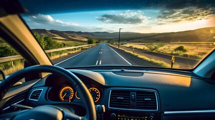 Journey's Elegance: Captivating Scenery and Fine Weather from Inside a Moving Car on a Long Road