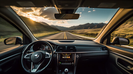 Journey's Elegance: Captivating Scenery and Fine Weather from Inside a Moving Car on a Long Road