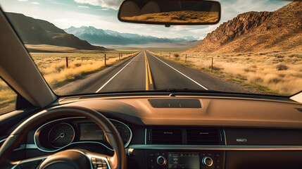 Journey's Elegance: Captivating Scenery and Fine Weather from Inside a Moving Car on a Long Road