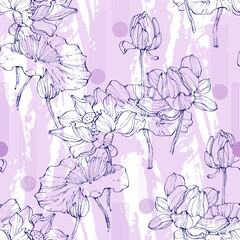 Floral seamless pattern with hand drawn lotus flowers and leaves. Fashionable template for design. Abstract floral pattern.