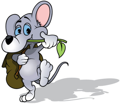 Blue-eyed Gray Mouse with a Backpack over his Shoulder