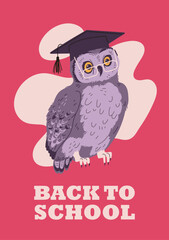 Back to school and education banner or template with smart owl, flat vector.