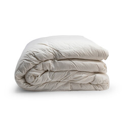 Folded soft white duvet, blanket or bedspread, against white background. 