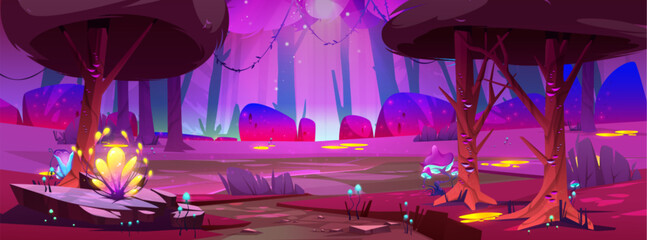 Pink fantasy magic forest cartoon background illustration. Night fairytale jungle nature scenery landscape with purple garden. Summer magical flower with fantastic glowing puddle in woodland park.