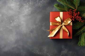 Gift box with red ribbon and fir branch on grey background, created by generative AI