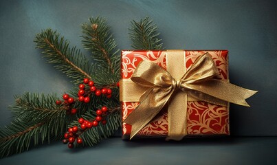 Gift box with red ribbon and fir branch on grey background, created by generative AI