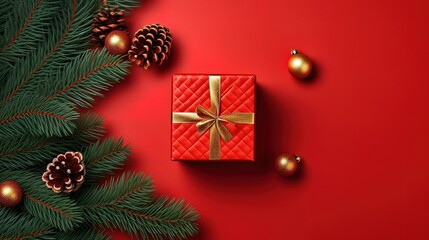 Christmas background with fir tree branches, gift boxes and golden balls on red background, top view, created by generative AI
