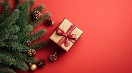Christmas background with fir tree branches, gift boxes and golden balls on red background, top view, created by generative AI