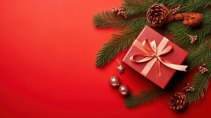 Fototapeta na wymiar Christmas background with fir tree branches, gift boxes and golden balls on red background, top view, created by generative AI