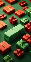 Obraz premium Christmas or New Year background with red and green gift boxes and baubles, created by generative AI