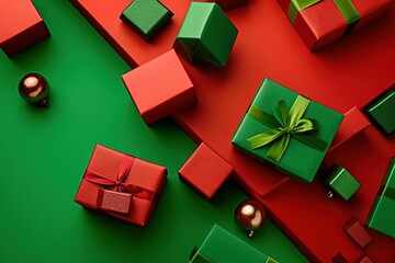 gift boxes on red and green background, created by generative AI