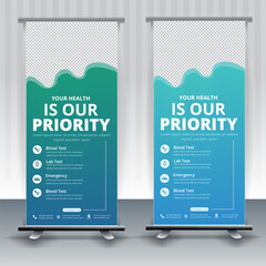 Modern healthcare and medical roll up design for hospital doctor clinic dental. standing banner template decoration for exhibition, printing, presentation, elegant layout.