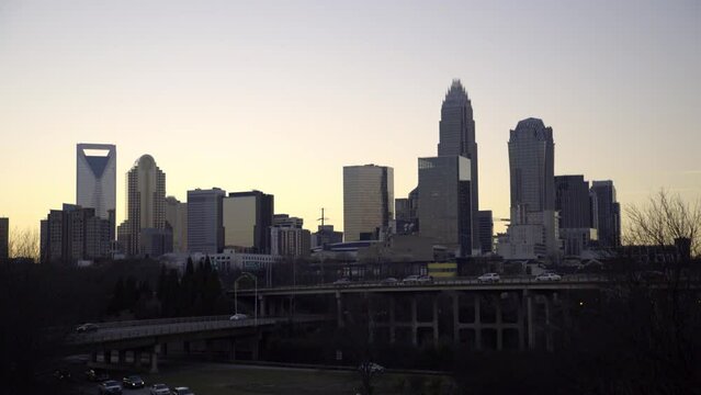 Lockdown Shot Of Illuminated Buildings And Roads In City At Sunset - Charlotte, North Carolina