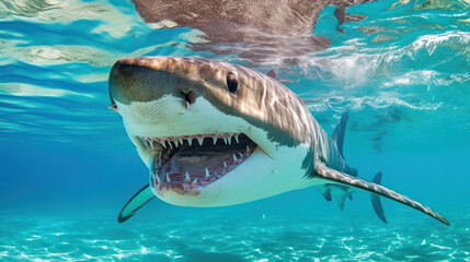 Fototapeta premium Close-up of a Great White Shark in shallow clear waters, generative ai
