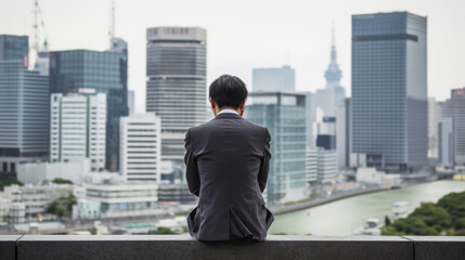 Fototapeta na wymiar Thoughtful and depressive Asian man in a suit sitting on a wall overlooking a city, generative ai