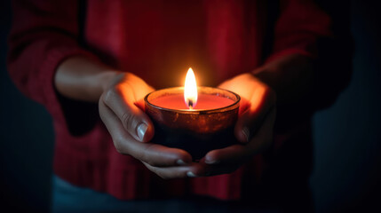Hands holding a lit red candle as a symbol of hope, generative ai