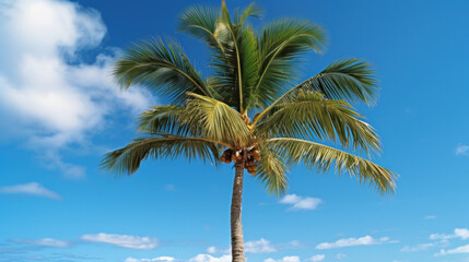 Fototapeta na wymiar Isolated coconut palm tree with coconuts against a blue sky, generative ai