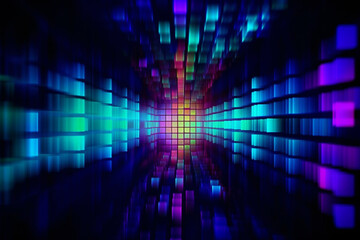 Blockchain Abstract NFT Futuristic Technology Neon Pixel Grid Colorful Background Square Cube Laser Shape Computer Wafer Multi-Layered Effect Pink Red Blue Checked Mosaic Pattern Navy Backdrop Striped