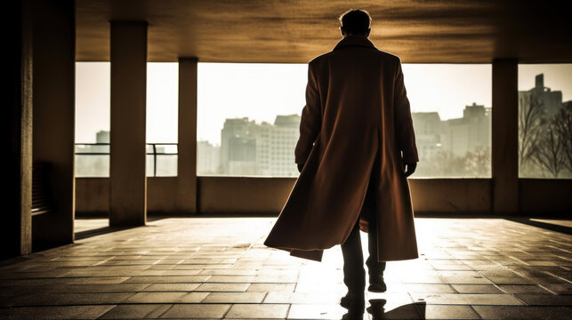 Mysterious man in trench coat walking through galleries overlooking the city, generative ai