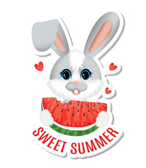 Sticker Sweet Summer. Greeting postcard. Little cute rabbit or hare is eating a slice of watermelon.