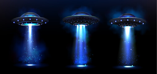 3d ufo spaceship realistic abduction light beam background. Futuristic spacecraft ship glowing extraterrestrial area at night fog. Different flying aircraft bulb spotlight ray on black background.