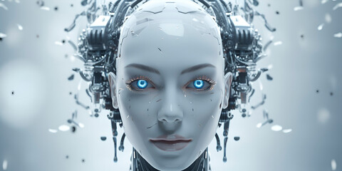 3D illustration of a neon android with a human face, with copy space. Technology background Data flow concept. AI robot face network formation. AI generated