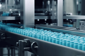 Blue Capsules on Conveyor at Modern Pharmaceutical Factory, Tablet and Capsule Manufacturing Process, Close-up Shot of Medical Drug Production Line