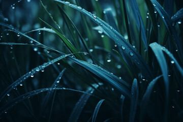 Blue juicy grass with raindrops, Natural background, Rain drop concept, Blue toning, Macro photography, Cyan color