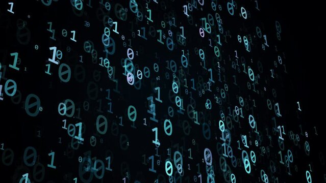 Cloud technology conception, chaotically slow moving zero and one real digits as a symbol of binary code creating a 3D cloud shape on black background with camera moving, 4K tech animation