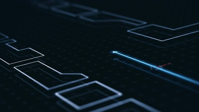 Futuristic gps map navigator system, direction path animation with alternative path, route destination, stylized map with streets and buildings (3d render)