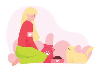 Young female from volunteering organization siting near cat and giving food, helping pets outside. Working in donation and charity center. Flat vector illustration in red colors