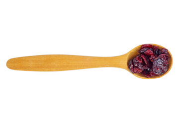 Some dried cranberry in wooden spoon isolated on white background