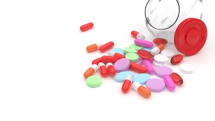 bright colored tablets and capsules on a white background, vitamins and medicines, 3d rendering