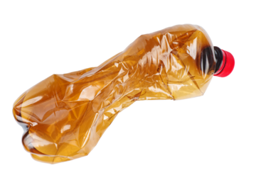 Empty crumpled brown plastic bottle isolated on white background