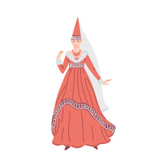 Medieval princess in dress and cone hat, cartoon flat vector illustration isolated on white background.