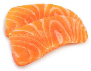 Sliced ​​Fresh Salmon For sashimi, Fresh Salmon fish fillet, Natural Atlantic Norwegian Salmon Fillet Texture on White background with clipping path.