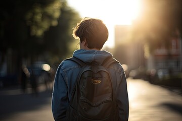 Back view of a young man with backpack walking on the street at sunset, A teenage student carrying a school backpack, AI Generated