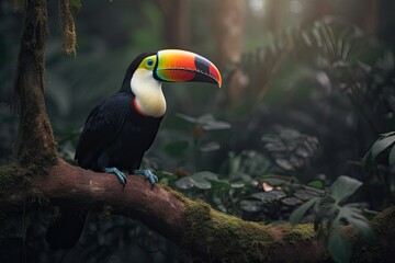 Naklejka premium Toucan sitting on a branch in the rainforest. Toco Toucan. a toucan sitting on a branch in the jungle, AI Generated