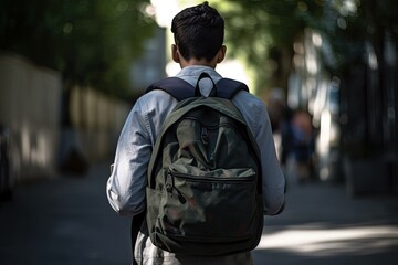 Rear view of a boy with a backpack walking on the street, A teenage student carrying a school backpack, AI Generated - obrazy, fototapety, plakaty