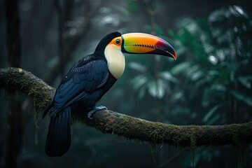 Naklejka premium Toucan in the rain forest, Borneo, A toucan sitting on a branch in the jungle, AI Generated