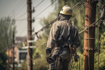 Electrician in a safety harness and helmet standing on a power line. A utility Lineman wearing a safety helmet rear view, AI Generated - obrazy, fototapety, plakaty