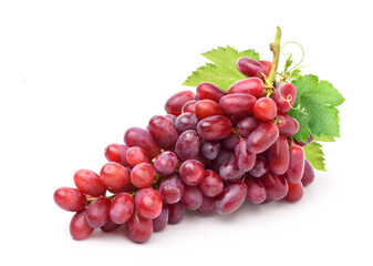 Red grape with leaves isolated on white background.