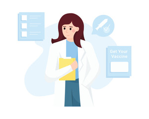 Doctor in white coat standing near medical vaccination emblems, holding folder with documents. Boosting immune system health. Vaccination and virus protection concept. Vector illustration