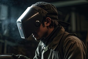 portrait of a welder in protective mask welding metal in a factory, A welder wearing a welding helmet and working in a workshop, AI Generated