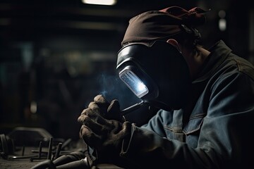 Male welder wearing protective clothing and welding mask in a factory. A welder wearing a welding helmet and working in a workshop, AI Generated